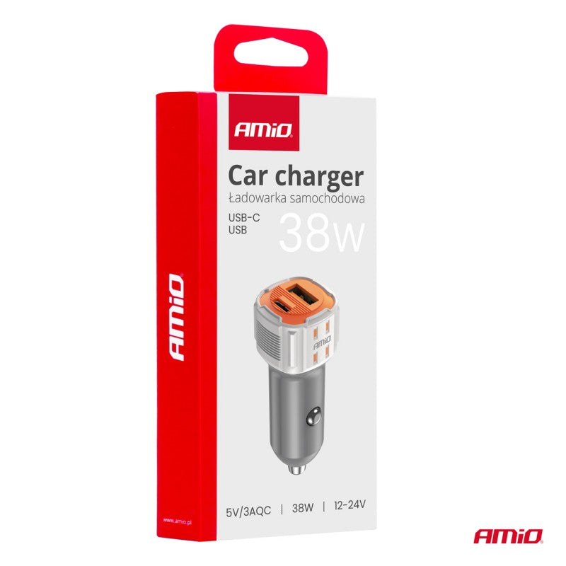 Încărcător auto USB-A+ USB-C 38W AMIO-03883