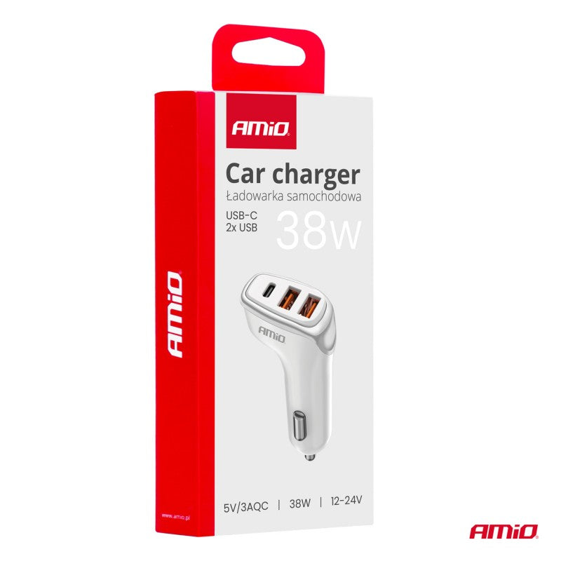 Incarcator auto 2x USB-A + USB-C 38W AMIO-03886