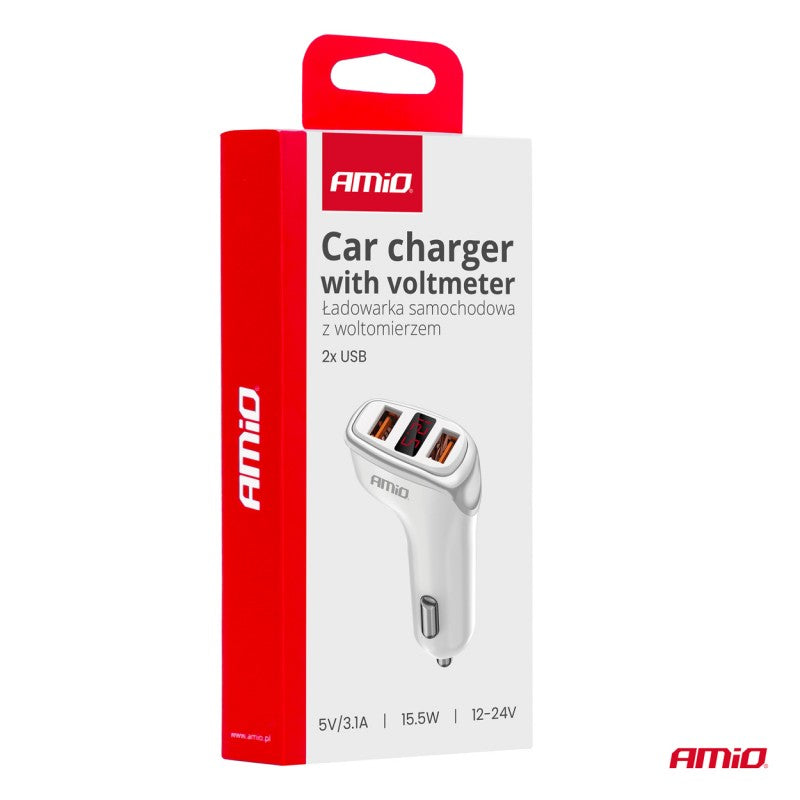 Incarcator auto 2x USB-A + voltmetru 3.1A AMIO-03887