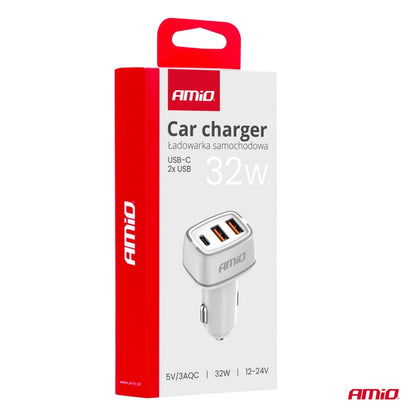Incarcator auto 2x USB-A + USB-C 32W AMIO-03890