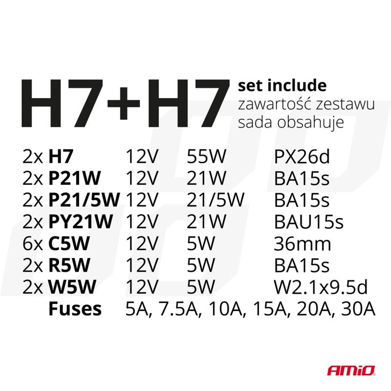 Set becuri de rezervă, siguranțe, 30 buc. H7 + H7 AMIO-03959