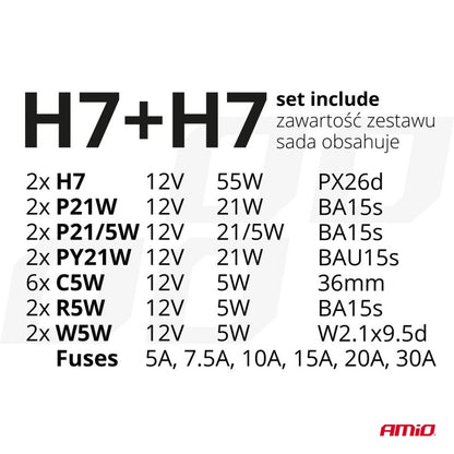 Set becuri de rezervă, siguranțe, 30 buc. H7 + H7 AMIO-03959