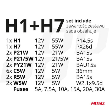 Set becuri de rezervă, siguranțe, 30 buc. H7 + H1 AMIO-03960