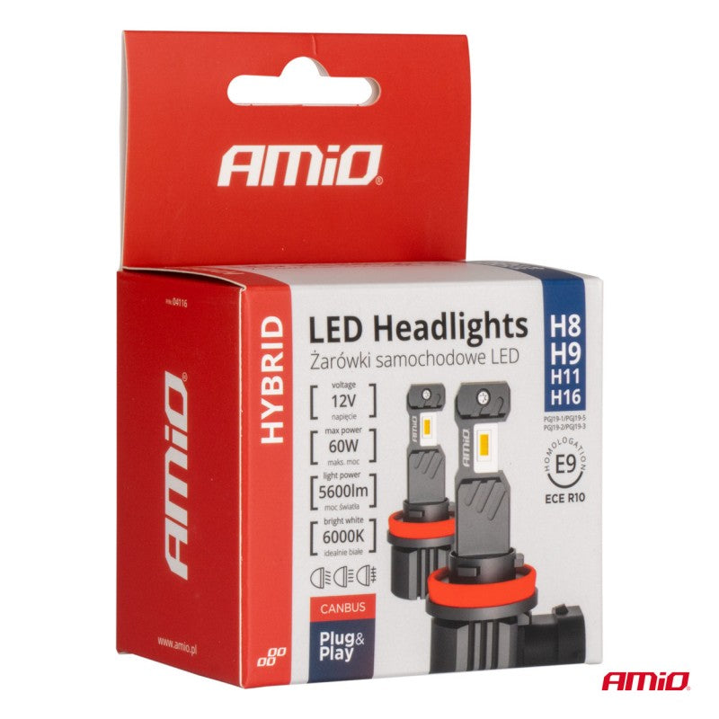 Set becuri cu LED seria hibride H8 H9 H11 H16 6000K Canbus 60W AMIO-04116