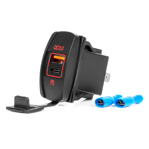 Încărcător de telefon rezistent la apă în formă de barcă cu iluminare de fundal LED ROȘU USB + USB C QC3.0 12/24V