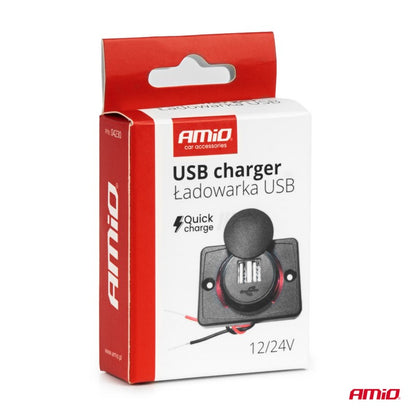 Încărcător de telefon impermeabil, de formă pătrată, cu iluminare din spate cu LED roșu, 2xUSB 12/24V AMIO-04230