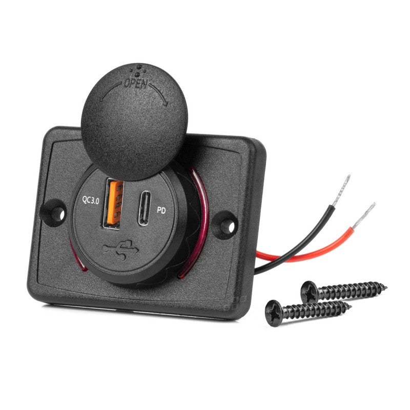 Încărcător de telefon impermeabil de formă pătrată cu iluminare din spate cu LED roșu, USB + USB C QC3.0 12/24V
