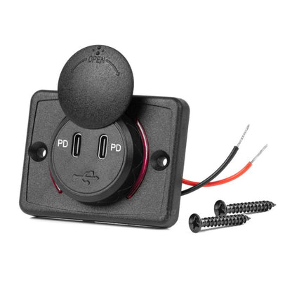 Încărcător de telefon impermeabil, de formă pătrată, cu iluminare din spate cu LED roșu, 2xUSB C 12/24V AMIO-04232