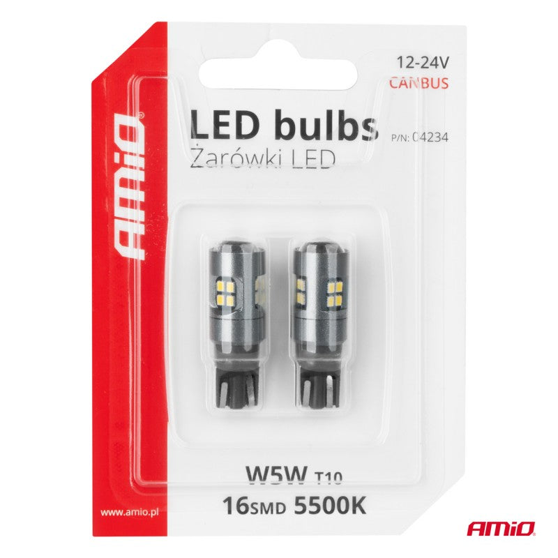 Set 2 becuri LED CANBUS T10 W5W 16SMD 2016 Becuri albe 12V/24V AMIO-04234