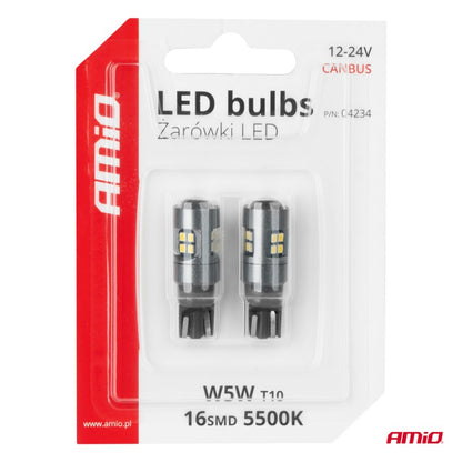 Set 2 becuri LED CANBUS T10 W5W 16SMD 2016 Becuri albe 12V/24V AMIO-04234