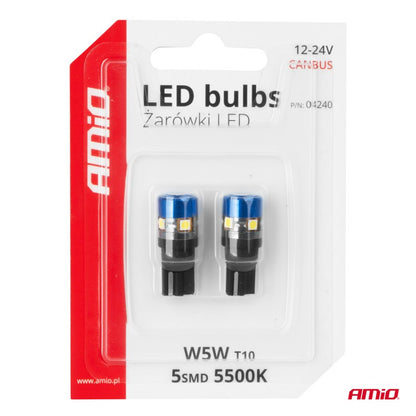 Set 2 Becuri LED CANBUS T10 W5W 5SMD 3030 Alb 12V 24V AMIO-04240