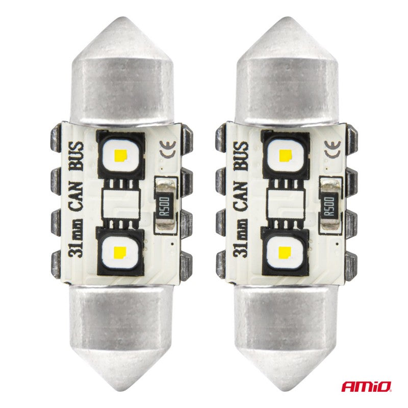 Becuri LED CANBUS Festoon C5W 2SMD 3838 31mm Alb 12V 24V AMIO-04247