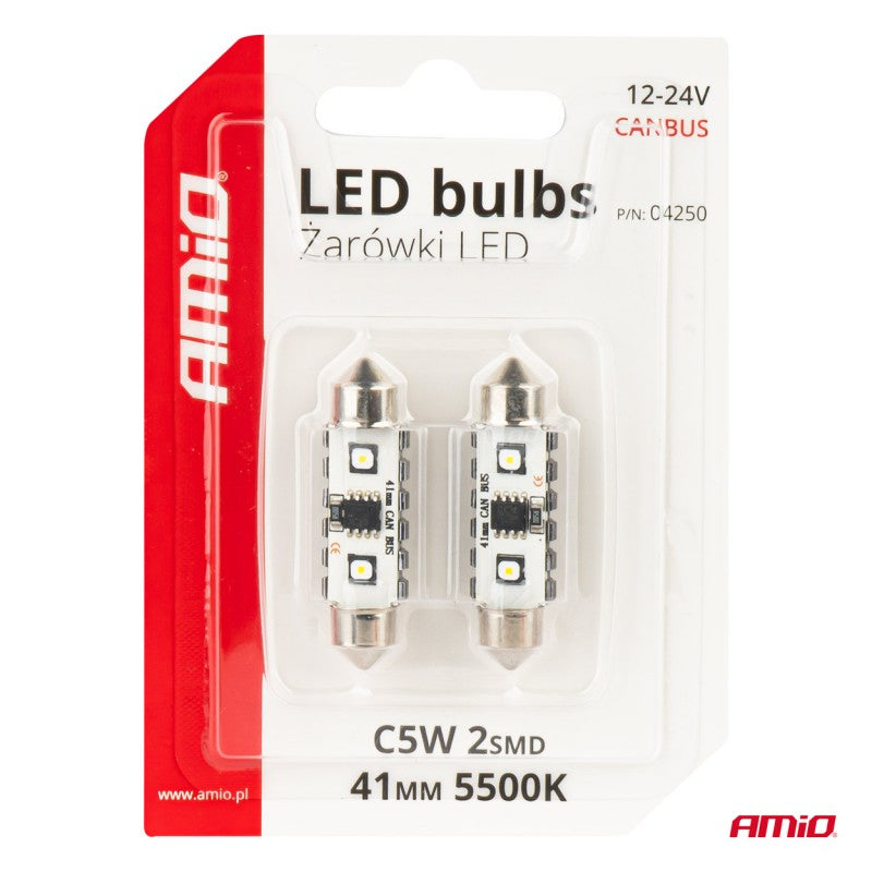 Becuri LED CANBUS Festoon C5W 2SMD 3838 41mm Alb 12V 24V AMIO-04250