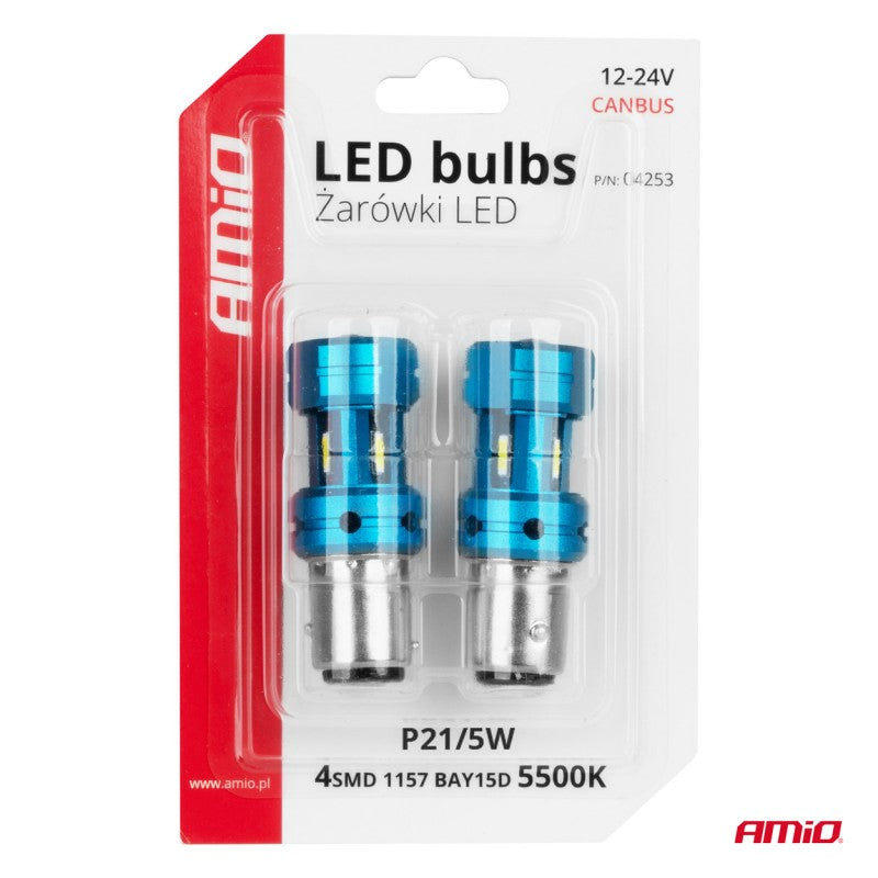 Set Becuri LED CANBUS 1157 BAY15D P21/5W 4SMD 1860 Alb 12V 24V AMIO-04253