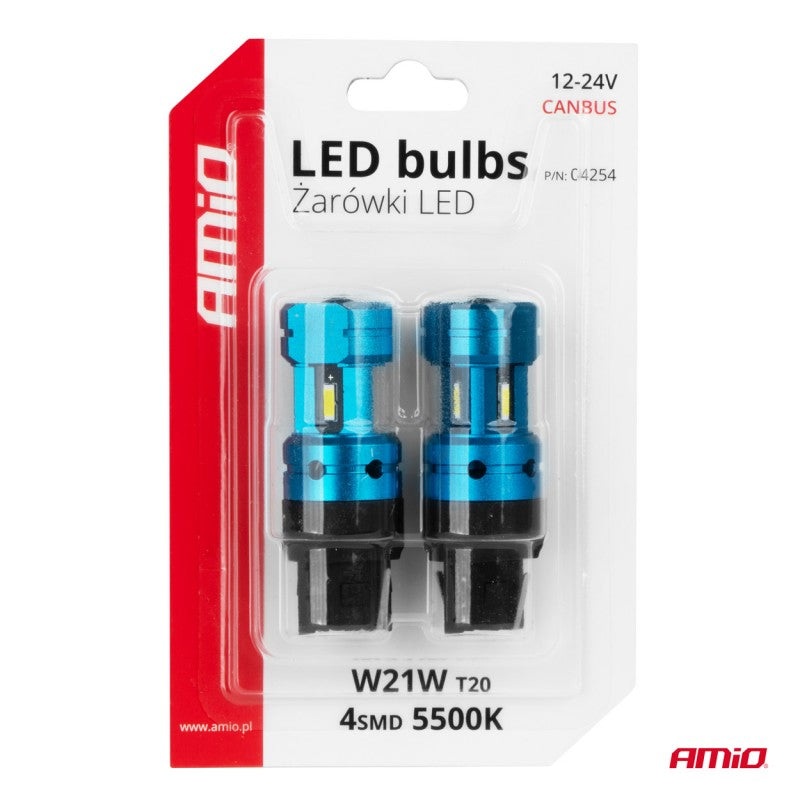 Set Becuri LED CANBUS T20 7440 W21W 4SMD 1860 Alb 12V 24V AMIO-04254