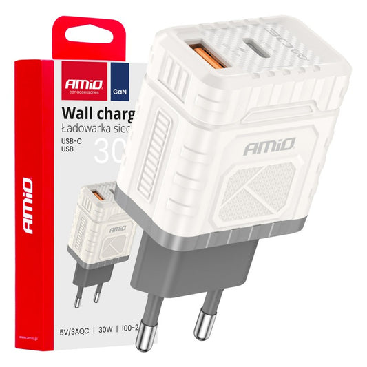 Încărcător de perete cu încărcare rapidă GaN 30W USB-A + USB-C AMIO-04286