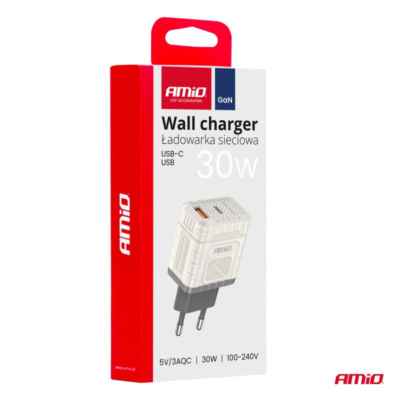 Încărcător de perete cu încărcare rapidă GaN 30W USB-A + USB-C AMIO-04286