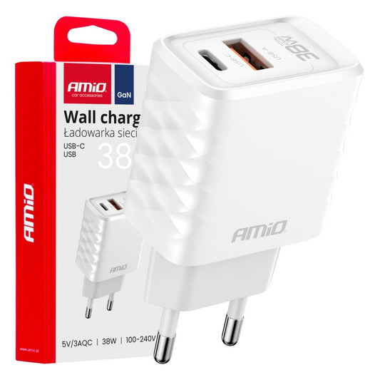 Încărcător de perete Încărcător rapid GaN 38W USB-A + USB-C AMIO-04287