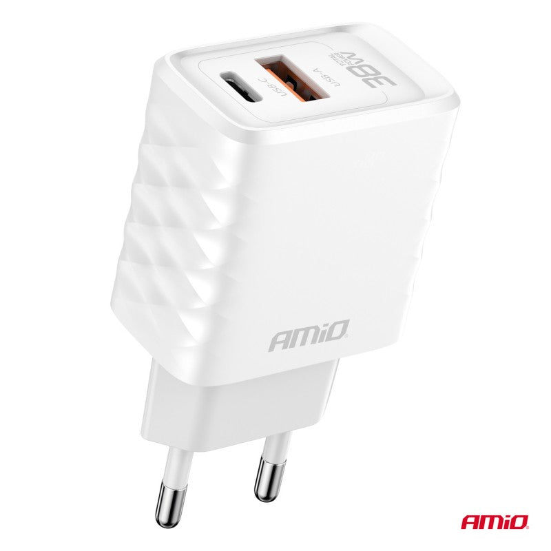 Încărcător de perete Încărcător rapid GaN 38W USB-A + USB-C AMIO-04287