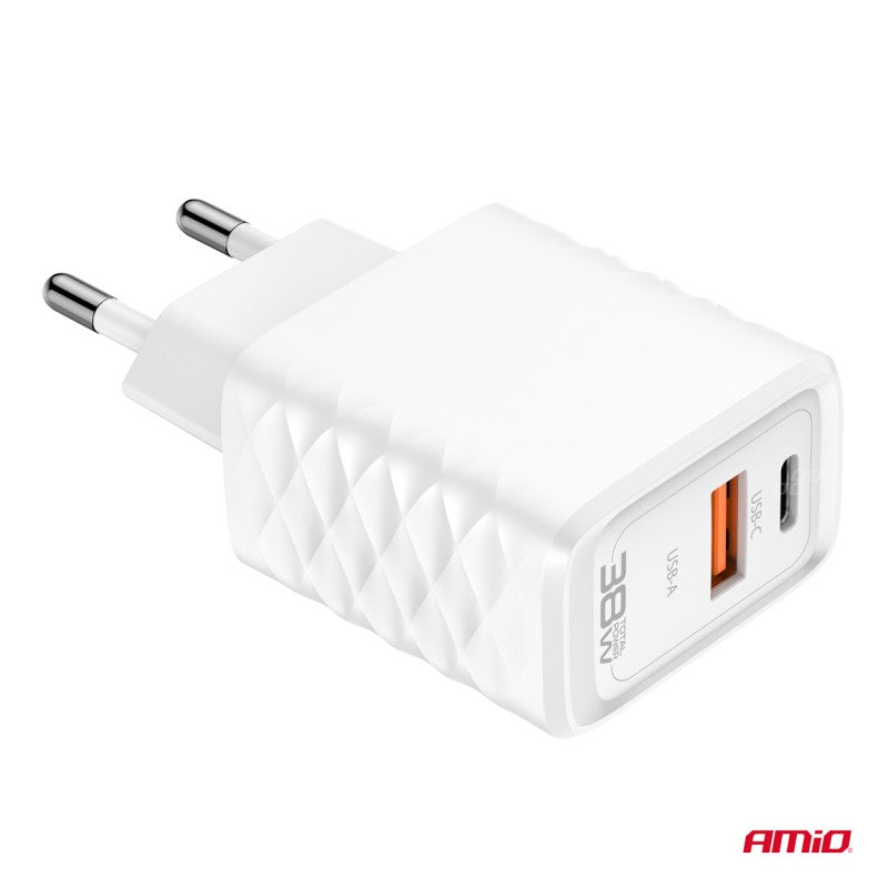 Încărcător de perete Încărcător rapid GaN 38W USB-A + USB-C AMIO-04287