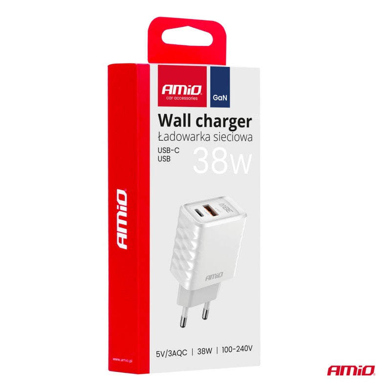 Încărcător de perete Încărcător rapid GaN 38W USB-A + USB-C AMIO-04287