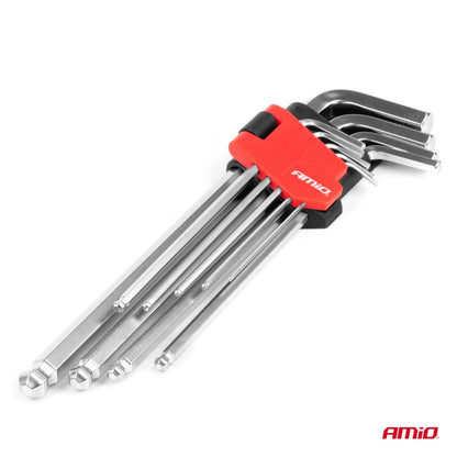 Chei hexagonale cu bilă extra lungă, set CRV, 9 buc. AMIO-04303