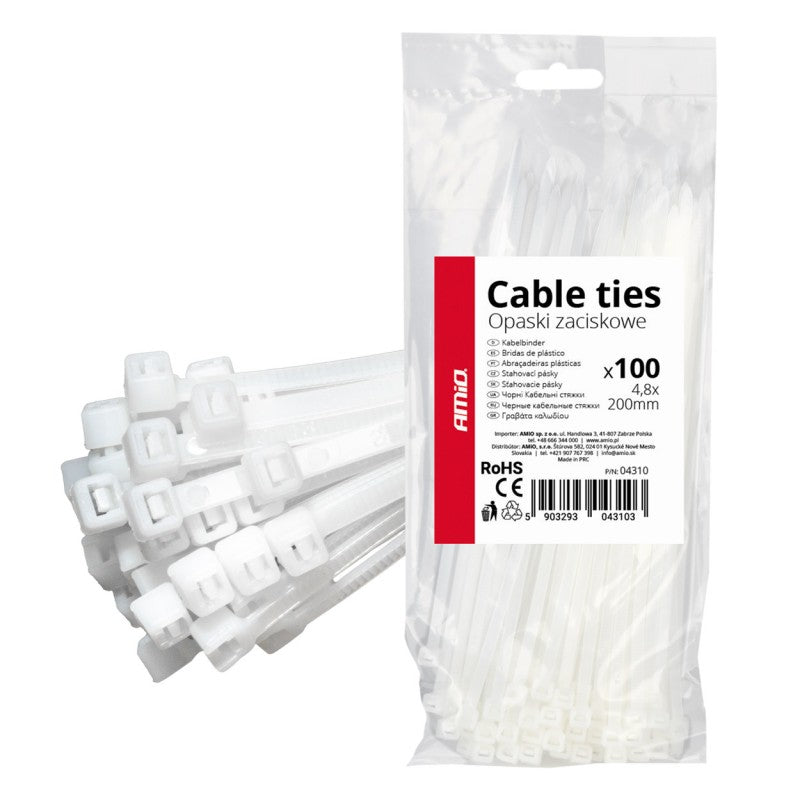 Fasete cablu albe 4,8×200mm 100 buc AMIO-04310