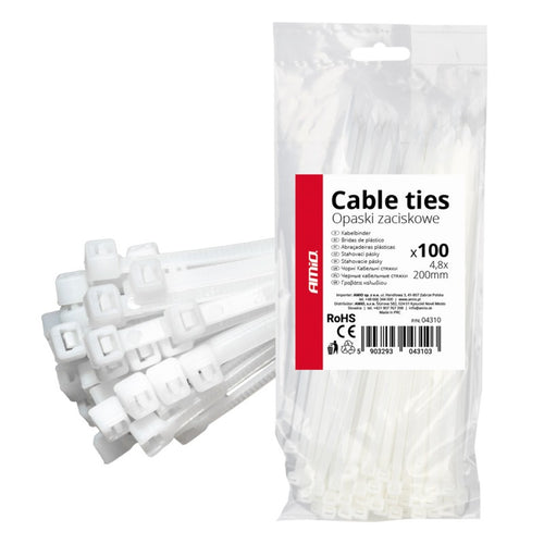 Fasete cablu albe 4,8×200mm 100 buc AMIO-04310