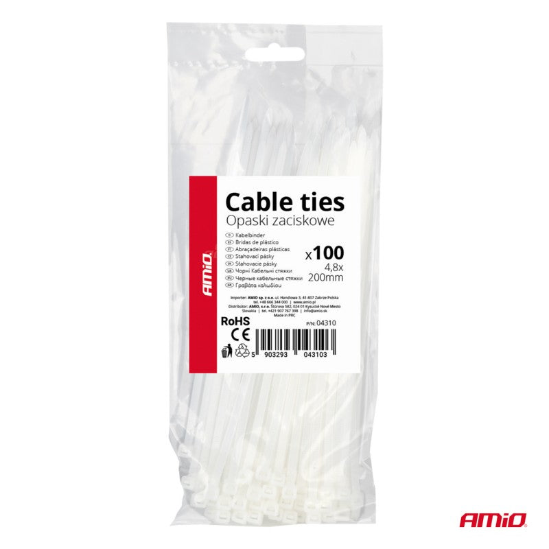 Fasete cablu albe 4,8×200mm 100 buc AMIO-04310