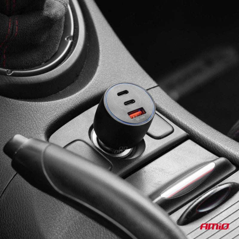 Încărcător auto 2x USB-C + USB-A 12V 24V 100W AMIO-04371