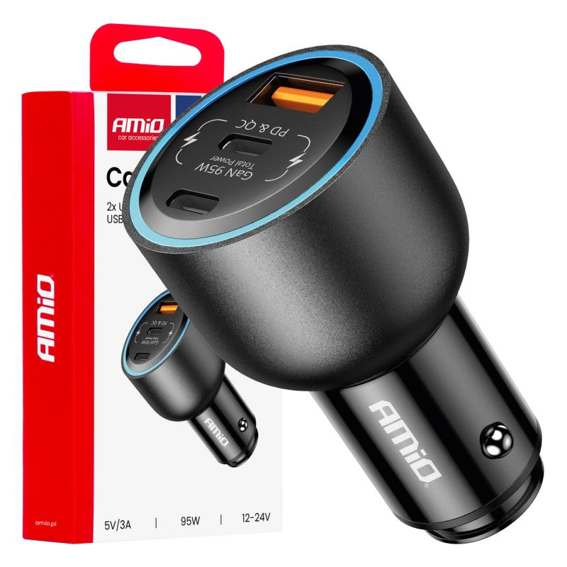 Încărcător auto 2x USB-C + USB-A 12V 24V 95W AMIO-04372