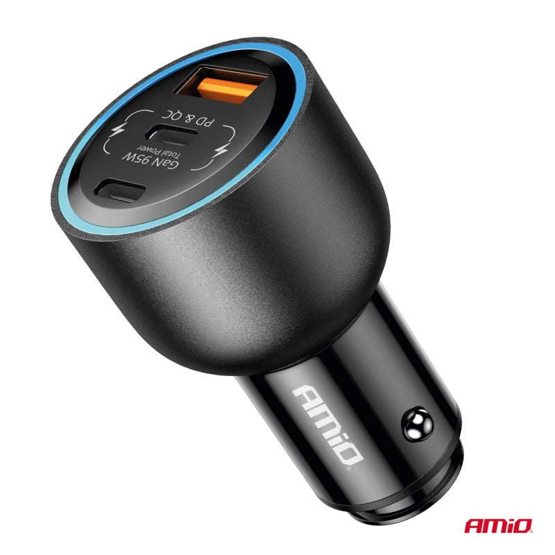 Încărcător auto 2x USB-C + USB-A 12V 24V 95W AMIO-04372
