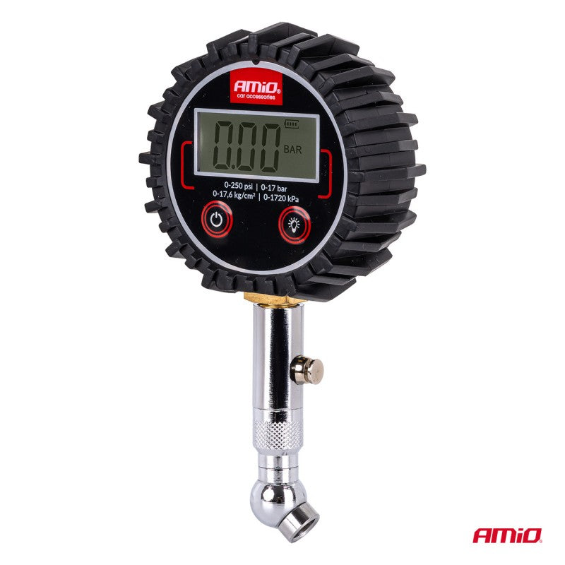 Manometru digital pentru presiunea anvelopelor cu cap rotativ și supapă de aerisire 17 bar AMIO-04464