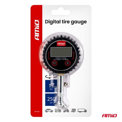 Manometru digital pentru presiunea anvelopelor cu cap rotativ și supapă de aerisire 17 bar AMIO-04464