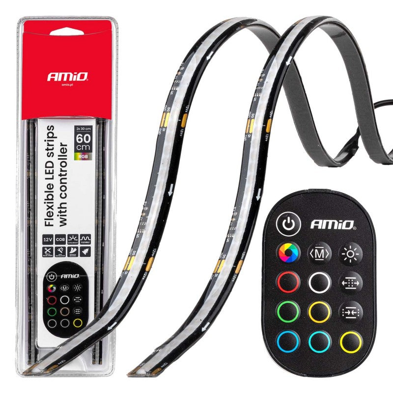 Benzi LED COB pentru mașini, RGB multicolor cu telecomandă, 2x30cm, 12V AMIO-04579