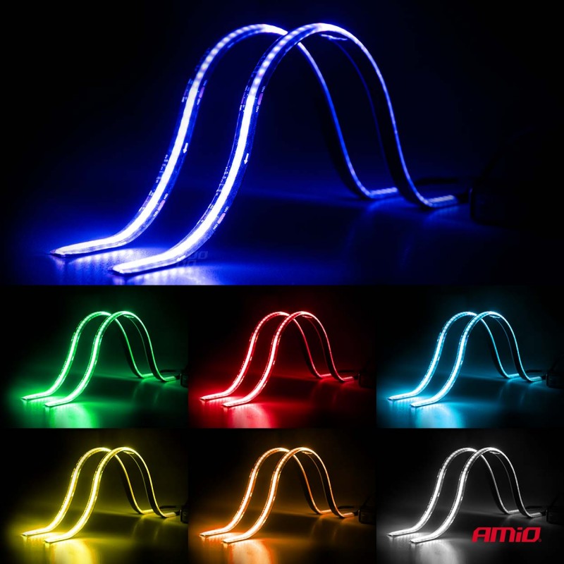 Benzi LED COB pentru mașini, RGB multicolor cu telecomandă, 2x30cm, 12V AMIO-04579