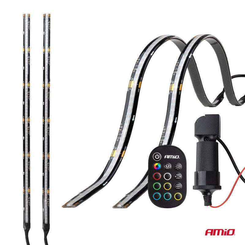 Benzi LED COB pentru mașini, RGB multicolor cu telecomandă, 2x30cm, 12V AMIO-04579