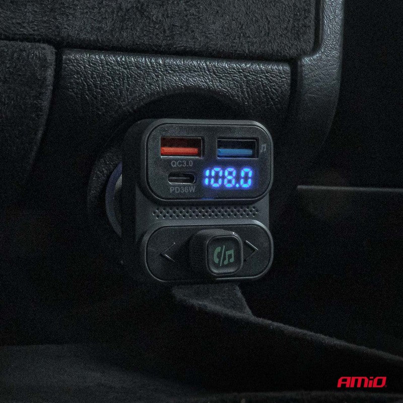 Modulator FM auto 2×USB-A 1×USB 12V 24V AMIO-04649