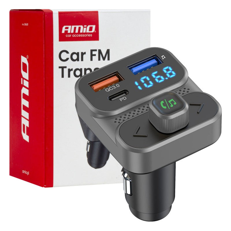 Modulator FM auto 2×USB-A 1×USB 12V 24V AMIO-04649