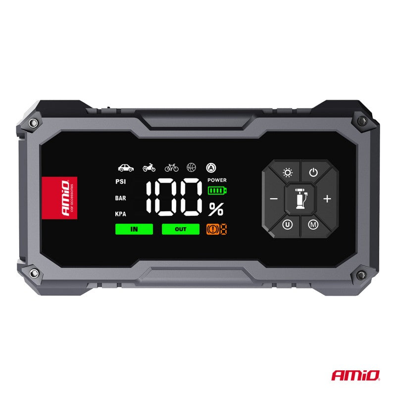 Acumulator portabil 4 în 1 cu LED/Compresor de aer/Baterie externă 12V 7,2Ah 600A PRO AMIO-04674