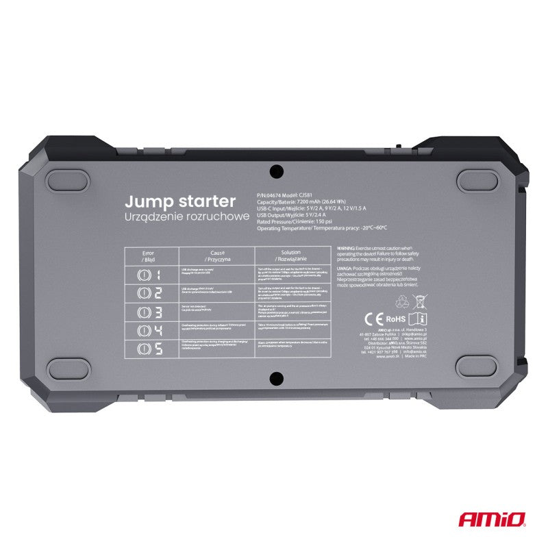 Acumulator portabil 4 în 1 cu LED/Compresor de aer/Baterie externă 12V 7,2Ah 600A PRO AMIO-04674
