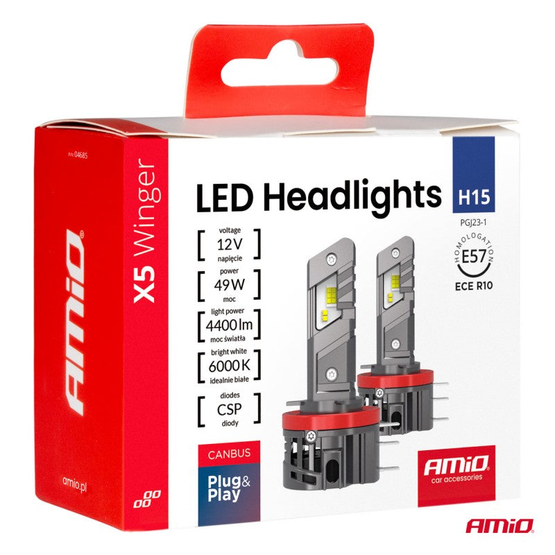 Becuri auto LED X5 WINGER H15 49W 6000K CANBUS AMIO-04685