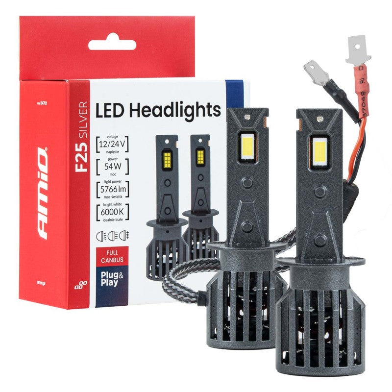 Set becuri LED Seria F25 ARGINTII FULL CANBUS H1 54W 12V 24V AMIO-04701