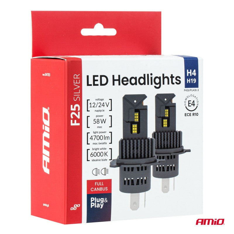 Set becuri LED Seria F25 ARGINTII FULL CANBUS H4/H19 54/58W 12V 24V AMIO-04703