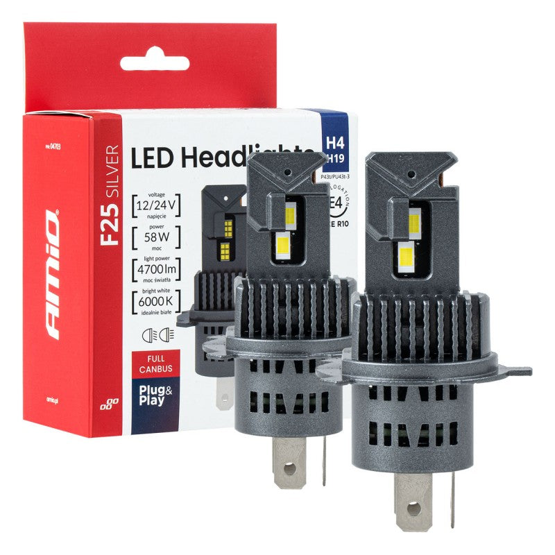 Set becuri LED Seria F25 ARGINTII FULL CANBUS H4/H19 54/58W 12V 24V AMIO-04703