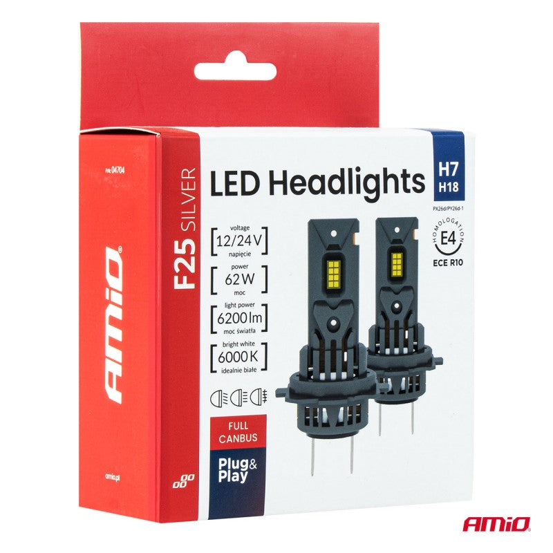 Set becuri LED Seria F25 ARGINTII FULL CANBUS H7/H18 62W 12V 24V AMIO-04704
