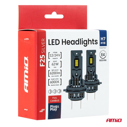Set becuri LED Seria F25 ARGINTII FULL CANBUS H7/H18 62W 12V 24V AMIO-04704