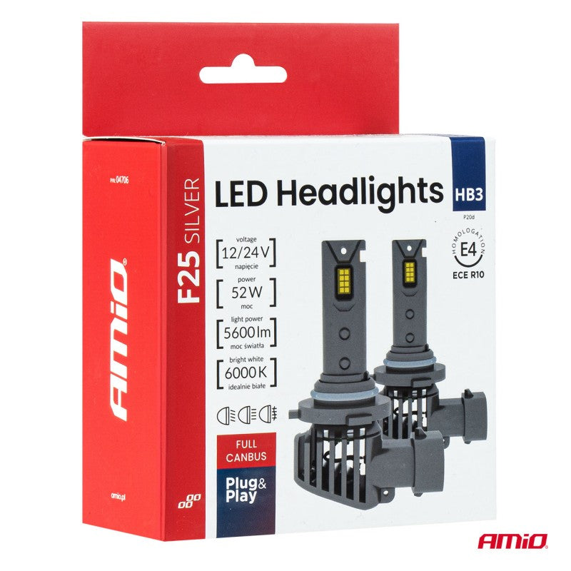 Set becuri auto LED F25 ARGINTII CANBUS 52W HB3 9005 12V 24V AMIO-04706