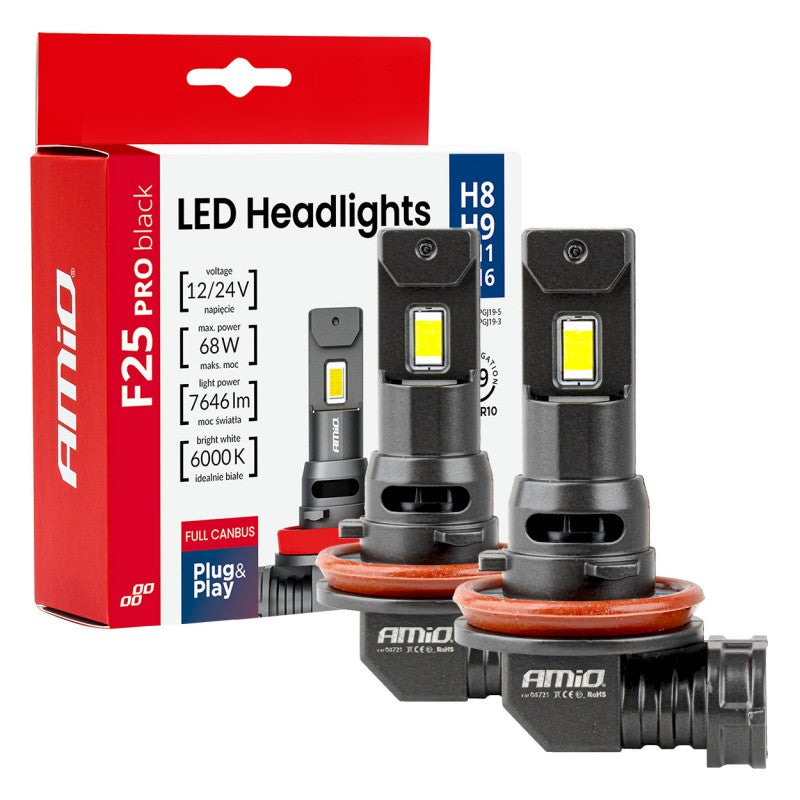 Set becuri LED Seria F25 PRO NEGRE COMPLET CANBUS H8 H9 H11 H16 68W 12V 24V AMIO-04721