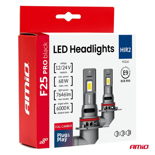 Set 2 becuri auto  F25 PRO NEGRE COMPLET CANBUS HIR2 68W 12V 24V AMIO-04724